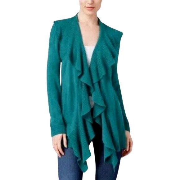 Red brand Ruffle layered Open Front Cardigan Sweater emerald green color size M - Picture 1 of 6